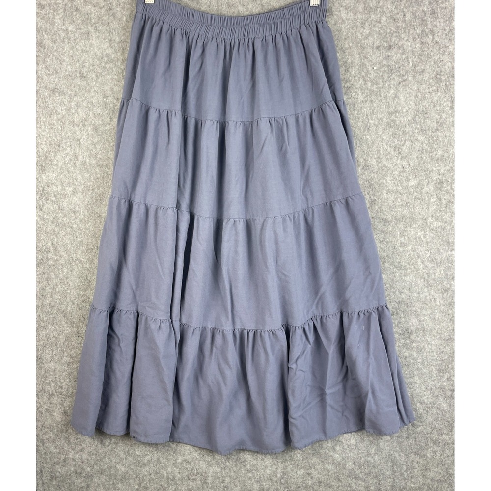 VTG Banjo Dallas Tiered Maxi Skirt Womens Small Blue Pull On Boho Cottage USA